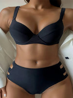 Solid Color Black Two Piece Swimsuit for Women Sexy Underwire V-neck Suspender Backless Bikini Set High Waist Beach Swimwear