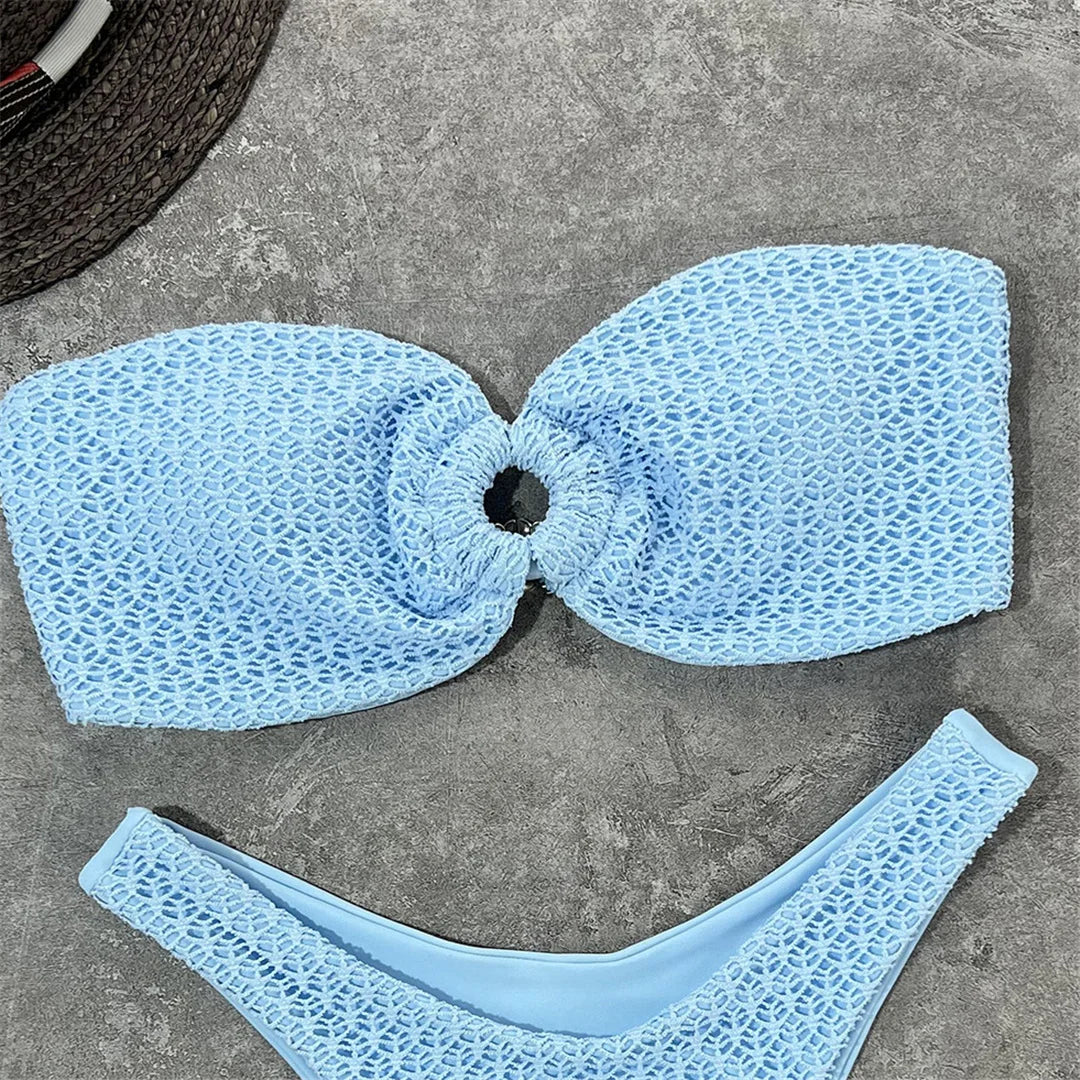 Sexy Wrinkled Bandeau Strapless Bikini Women Swimwear Female Swimsuit Two-Pieces Bikini Set Bather Bathing Suit Swim Lady V3367L