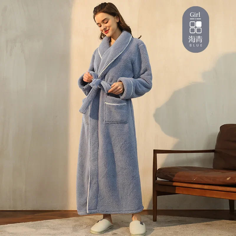 Men's and Women's Styles Winter Bathrobe Long Sleeve Warm Turn Down Collar Fluffy Bath Robe with Sashes Solid Fleece Gown 2025