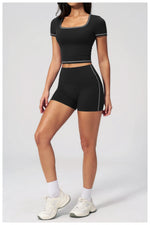 Speed Drying Tight Yoga Sets Women Color Contrast Short Sleeve Slim Sports Top High Waist Leggings Running Fitness Athletic Wear