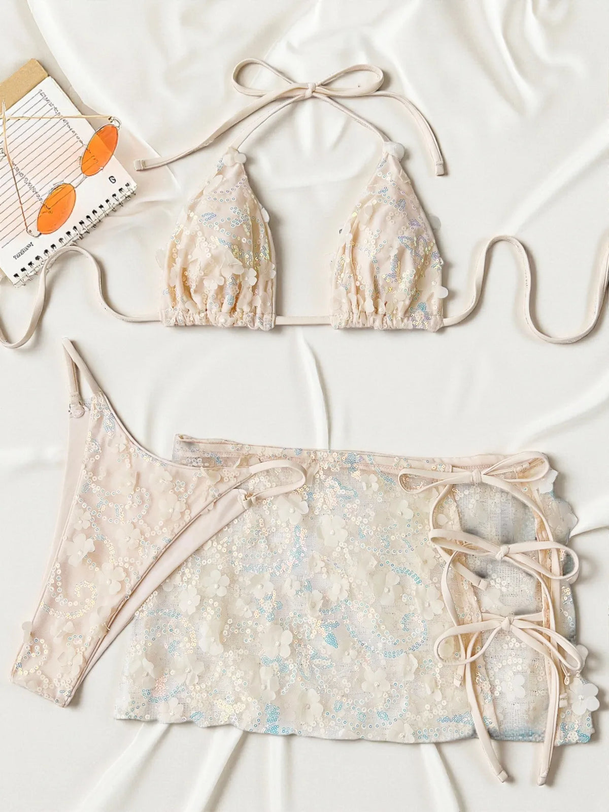 Sexy Shiny Sequin Blue White Bikini Set Women 3D Mesh Flower Cover Up 3 Piece Thong Swimsuit Beach Holiday Bathing Suit Swimwear