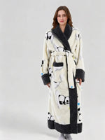 Warm Flannel Long Couples Robe Autumn Winter Color Block Lapel Funny Cartoon Print Bathrobe with Double Pockets Loungewear