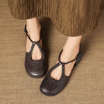 Women's T-Strap Shallow Flat Sandals Soft Leather Rome French Slip-on Single Shoes Retro Round Toe Shoes for Women Summer 32-43