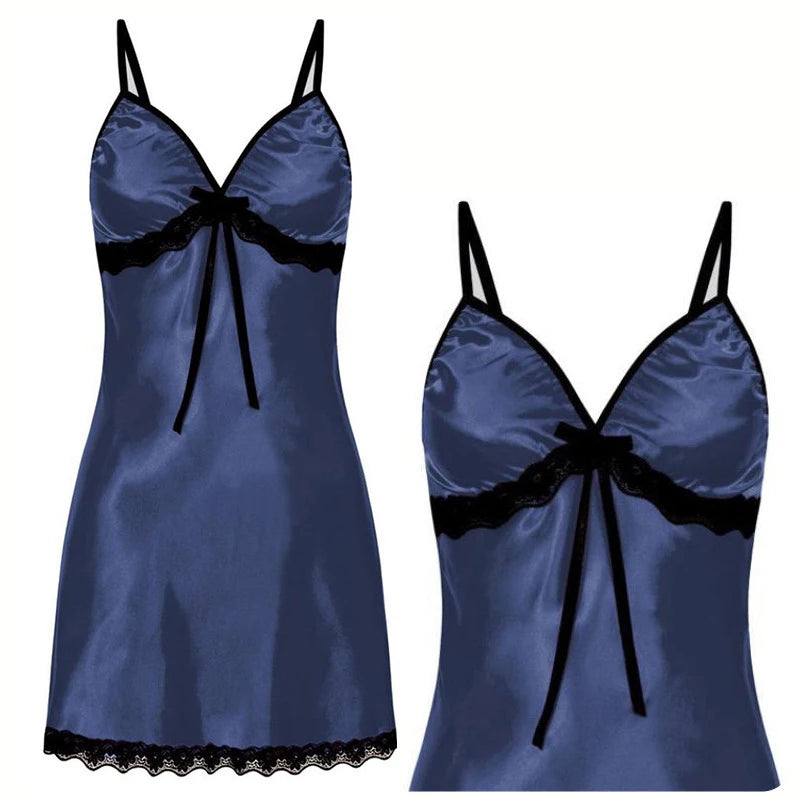 Sexy Nightgown Women's Lace Trim Sleepwear Ribbon Tie Chemise Lingerie Adjustable Strap Nightdress Silky & Comfortable New