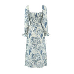French Casual Style Square-neck Slim-fit Dress Feminine With Side Slit Three-quarter Sleeves Waist Cinching Printed Holiday THF3