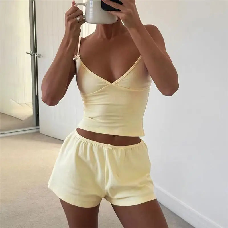 Summer New Women's Pajama Set with Bow Strap Shorts Casual Comfortable Soft Breathable Home Clothes Two Piece Set Y2K Hot