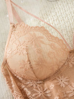 Champagne Daisy Floral Lace Sheer Mesh Babydoll Lingerie Set Slip Nightdress With Matching Thong Women Sexy Sleepwear ZA825096