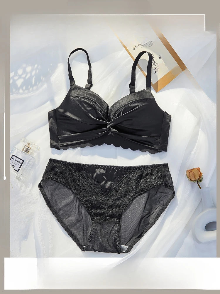 MOYISU Lingerie Women's Small Chest Gathering Summer No Underwire Retraction Breast Anti-sag Flat Bra Cover Underwear Set