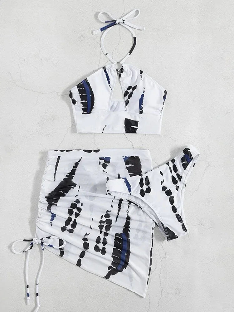 3PCS With Mesh Skirt Halter Bikini Female Swimsuit Women Swimwear Three-pieces Bikini Set Hollow Out Bathing Suit Swim Beachwear
