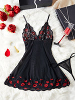 Hot Red Lips Lace Contrasting Sexy Babydoll Dress Mesh Slimming Erotic Lingerie With Thongs Sex Night Costumes