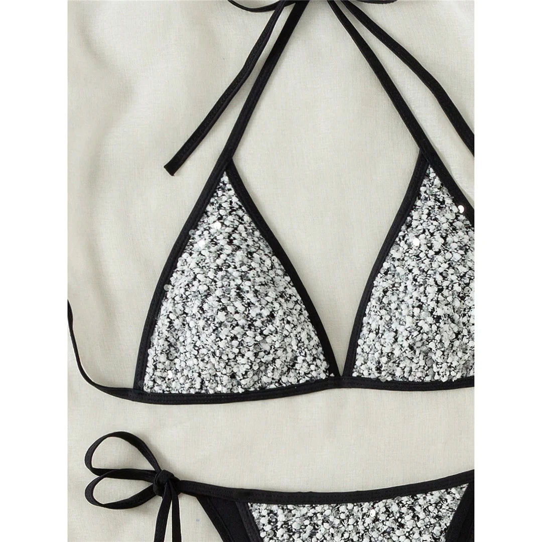 S - XL Shiny Sparkling Halter Bikini Women Swimwear Female Swimsuit Two-Pieces Bikini Set Strappy Bather Bathing Suit Swim V7523