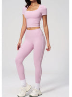 2PC Color Contrast Yoga Suit Women Short Sleeve Square Collar Slim Sports Top Fitness Suits Outdoor Exercise Leggings Tracksuit