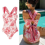 2Pc Striped One Piece Swimsuit 2025 Sexy Bandeau Push up Bikini with Bow Tie Female Swimwear Cover up Beachwear for Women