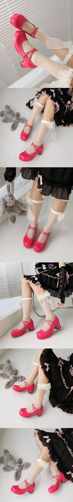 Big Size 30-48 Sweet Lolita Pink Mary Jane Shoes Women Round Toe Cross-Straps Platform White Block Heel Cute Dress Pumps