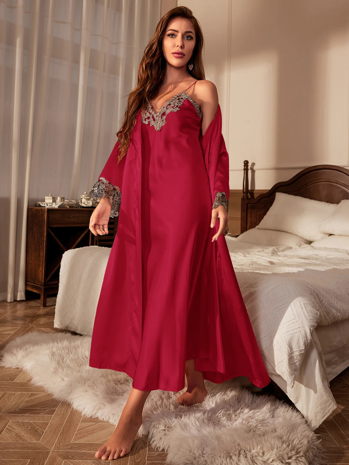 Contrast Lace Pajama Set Long Sleeve Robe With BeltV Neck Slip Dress Women's SleepwearLoungewear