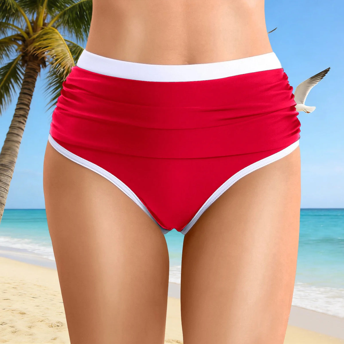 Womens Contrast Trim High Waisted Swim Bottoms Ruched Tummy Control Bathing Suit Modest Swim Shorts For Beach Surfing Swimming