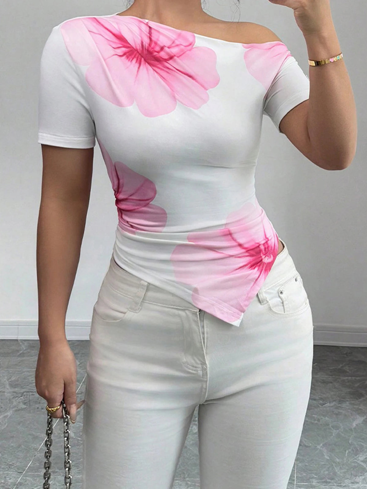Women's Summer T-Shirts Flower Print Short Sleeve Slash Neck Off One Shoulder Trendy Tees Tops