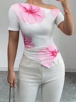 Women's Summer T-Shirts Flower Print Short Sleeve Slash Neck Off One Shoulder Trendy Tees Tops