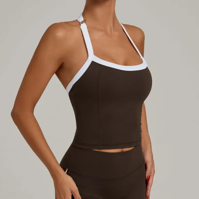 Women's Seamless Yoga Tank Top - Adjustable HALTER Neck & Quick-Dry Fitness Shirt Color Block Running Sports Gym Workout Top