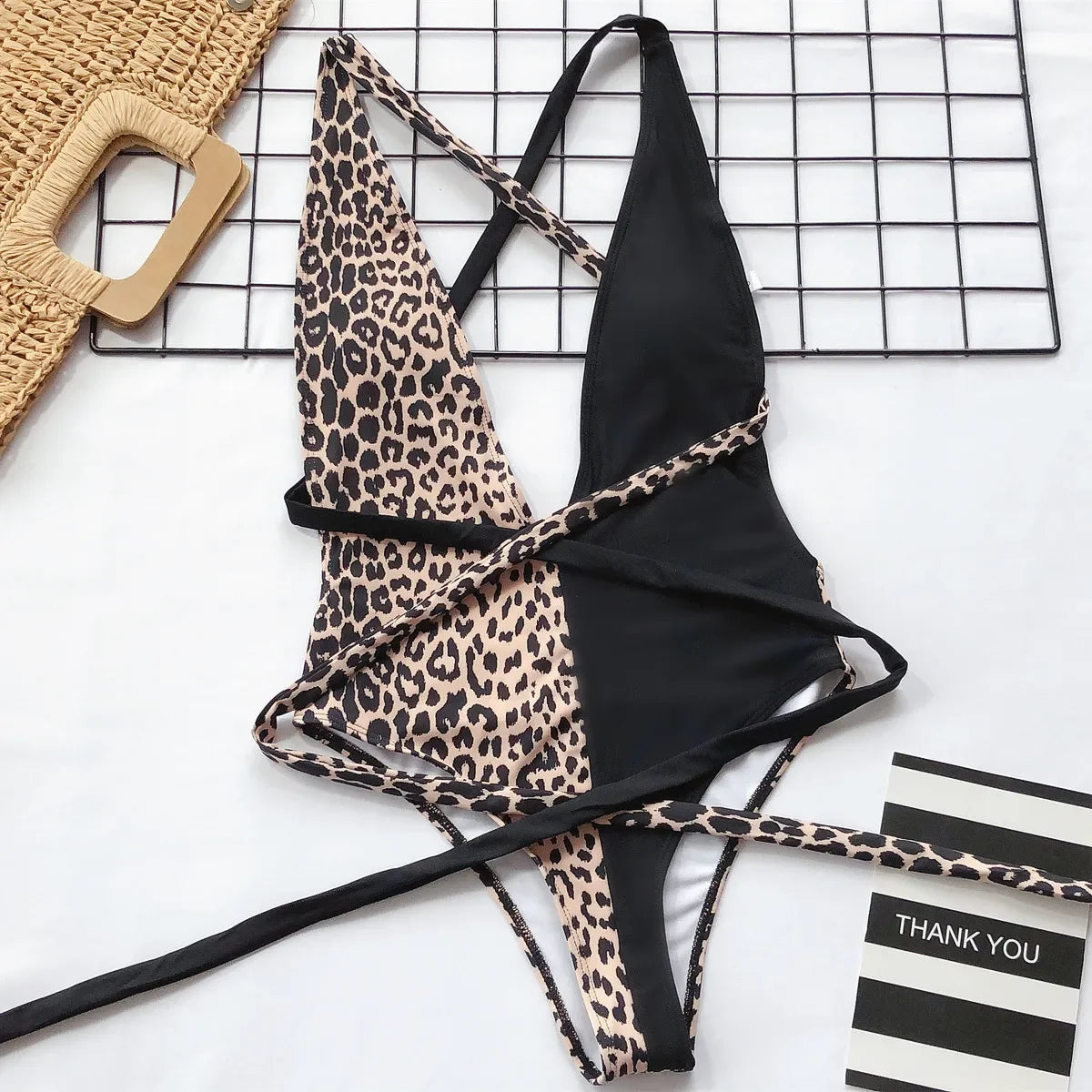 Sexy One Piece Swimsuit Swimwear Women Leopard Patchwork Cross Long Straps Deep V-neck Bathing Suit Beach Banadores Mujer 2026
