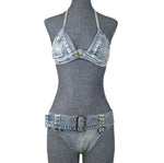DEKA Women Beach Wear 2 Piece Set Denim Bikini SetThong Low Waist Swimsuit Push Up Swimwear Jeans Bathing Suit Halter Biquini