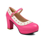 Plus Size 45 Sweet Mary Janes Shoes Women Cute Blue Block High Heels Lolita Pumps Lovely Pink Heart Edge Platform High-heeled