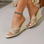 Fashion Embroidery Breathable Organza Mesh Slides Women's Peep Toe Slippers Designer Wedges High Heels Shoes 35-42 New Summer
