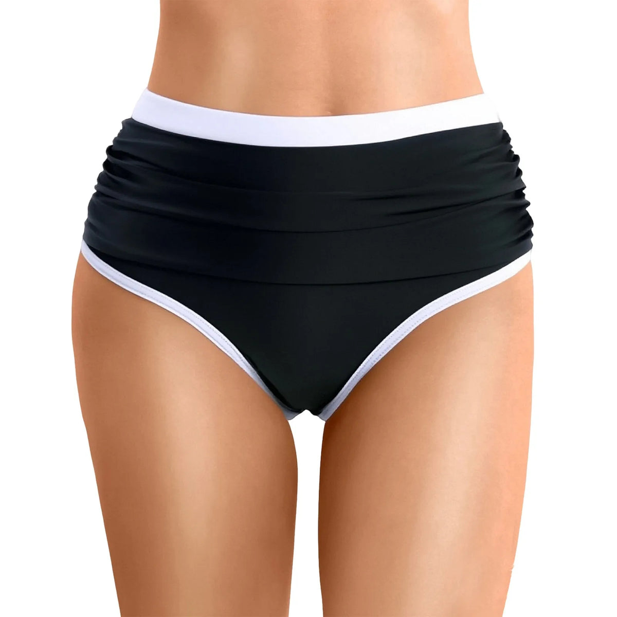 Womens Contrast Trim High Waisted Swim Bottoms Ruched Tummy Control Bathing Suit Modest Swim Shorts For Beach Surfing Swimming
