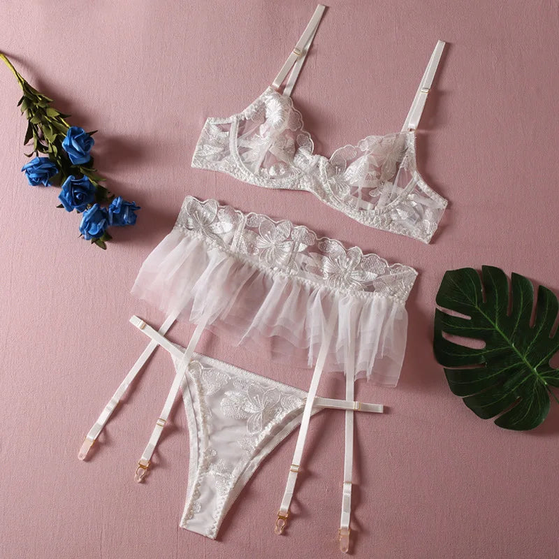 Toucheart 3 Piece Set Lingerie Garter Sets Lingerie For Woman Sexy Mini Skirt See-Through Embroidered Bra Erotic Underwear New