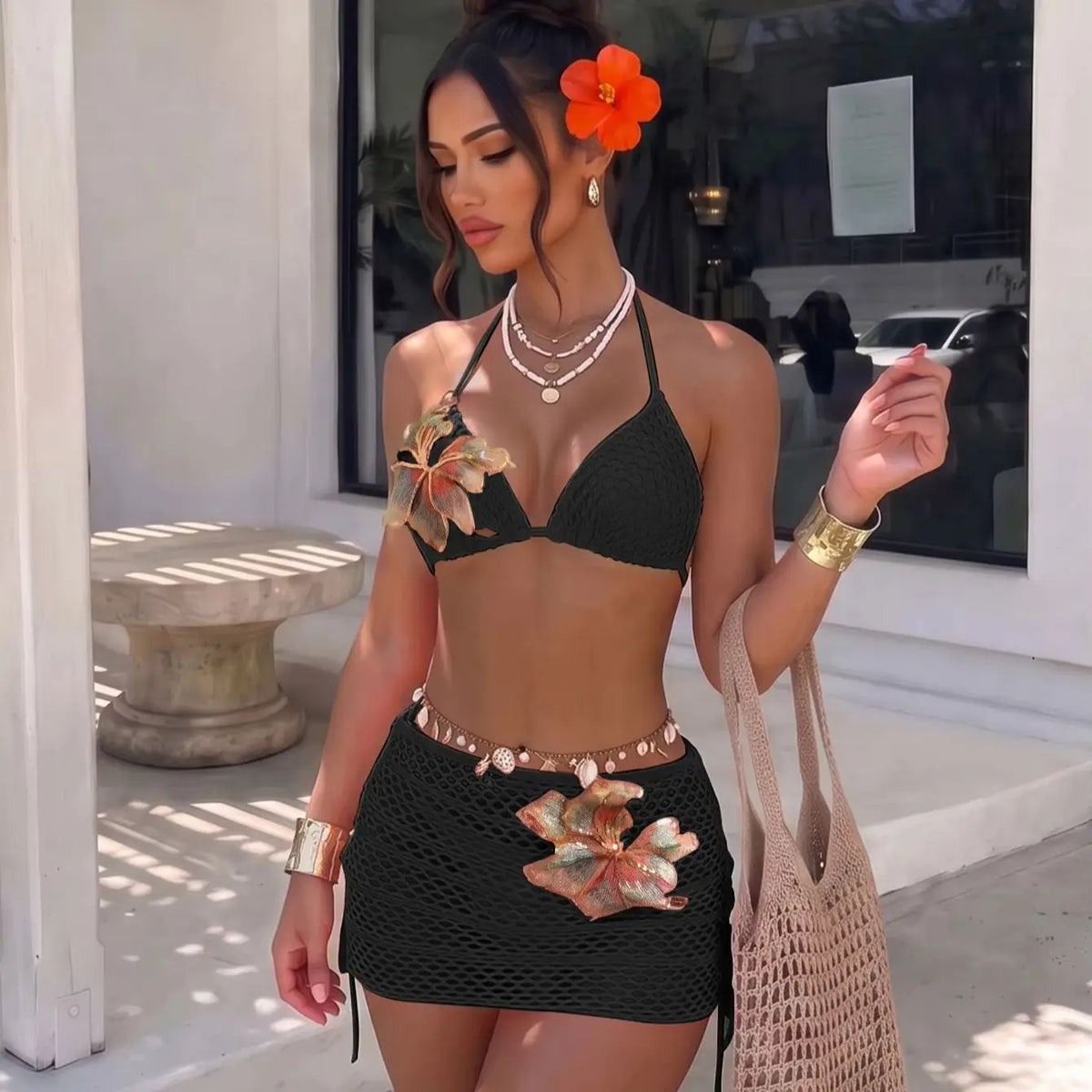 DEKA Brazilian Mesh Flower Bikini Set Women Halter Push Up Triangle Embroidered Print Swimsuit Bathing Suit Swimwear Swimming