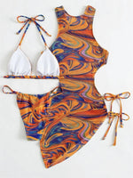 Dress Bikini 2025 Women Sexy High Neck Cut Out Mesh Cover Up Pleate Swimsuit Orange Gradient Bathing Suit Beach 3 Piece Swimwear