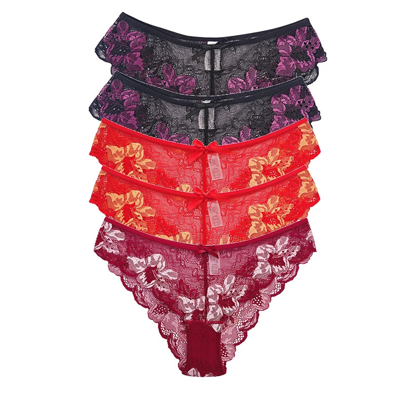 5pcs Lace Sexy Women Panties Mid Waist Perspective Floral Ladies Briefs Breathable Comfortable Female Underwear