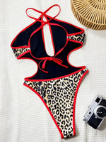 Splicing Leopard Hollow Out Women Swimwear One Piece Swimsuit Female Backless Monokini High Leg Cut Bathing Suit Swim Bodysuit