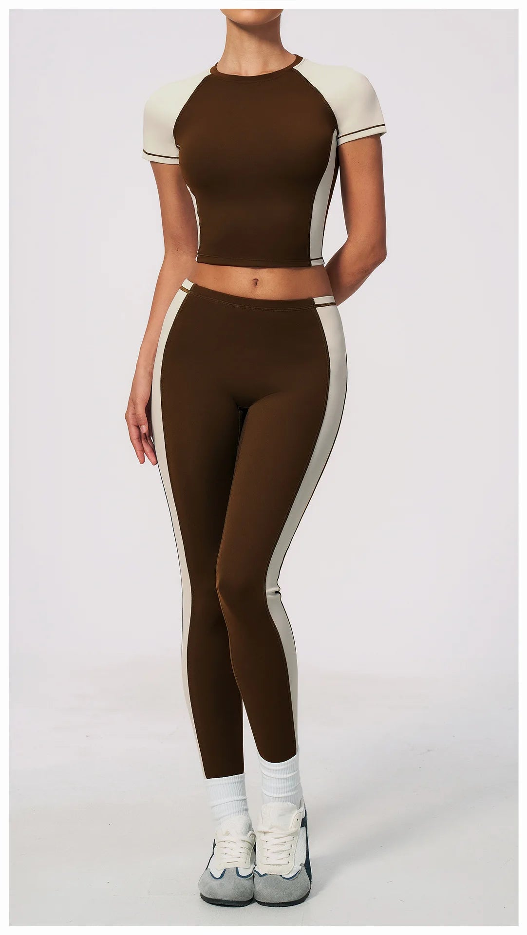 Nake Yoga Set Women's Tracksuit Color Contrast Short Sleeve Slim Sports T Shirts High Waist Leggings Fitness Clothes Gym Outfits