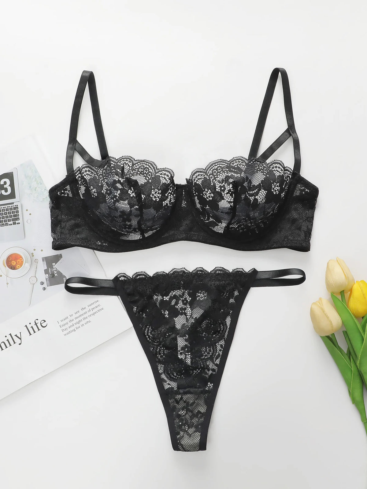 High Quality New Sexy Underwear For Women's Lace Transparent Hollow 3/4 Bra Gathering Steel Ring Push Up Underwear Set HR2634