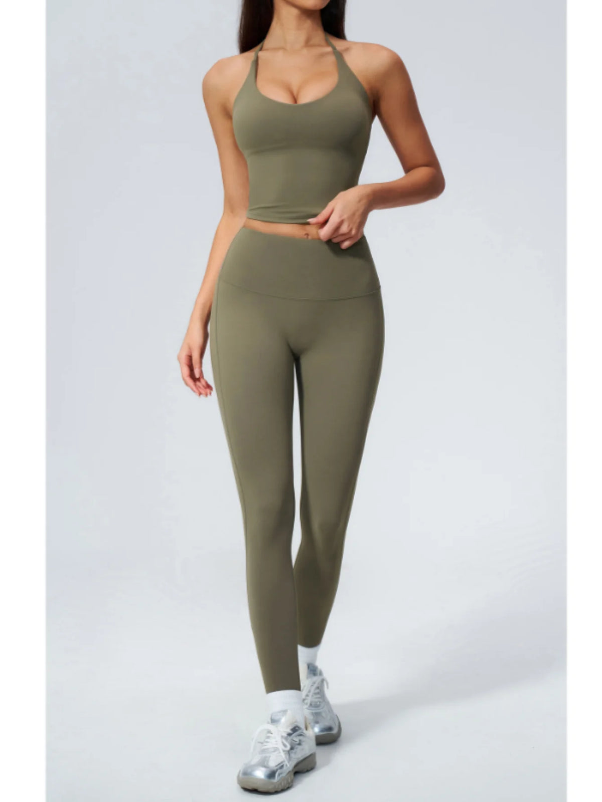 Women Tracksuit 2PCS Seamless Yoga Sets Hanging V Neck Slim Sports Tank Top Fitness Outfits Gym Running High Waist Leggings Suit