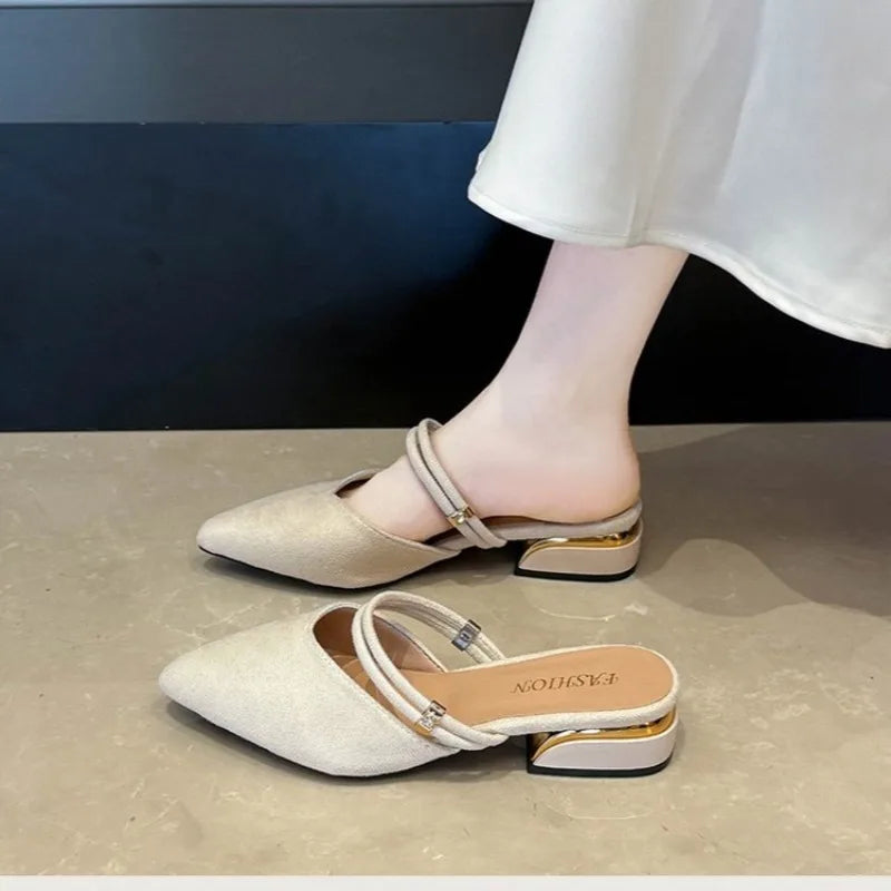 Sandals for Woman Chunky Pointed Toe Footwear Summer 2026 Thick Heel Block HighPumps Women's Shoes Slippers