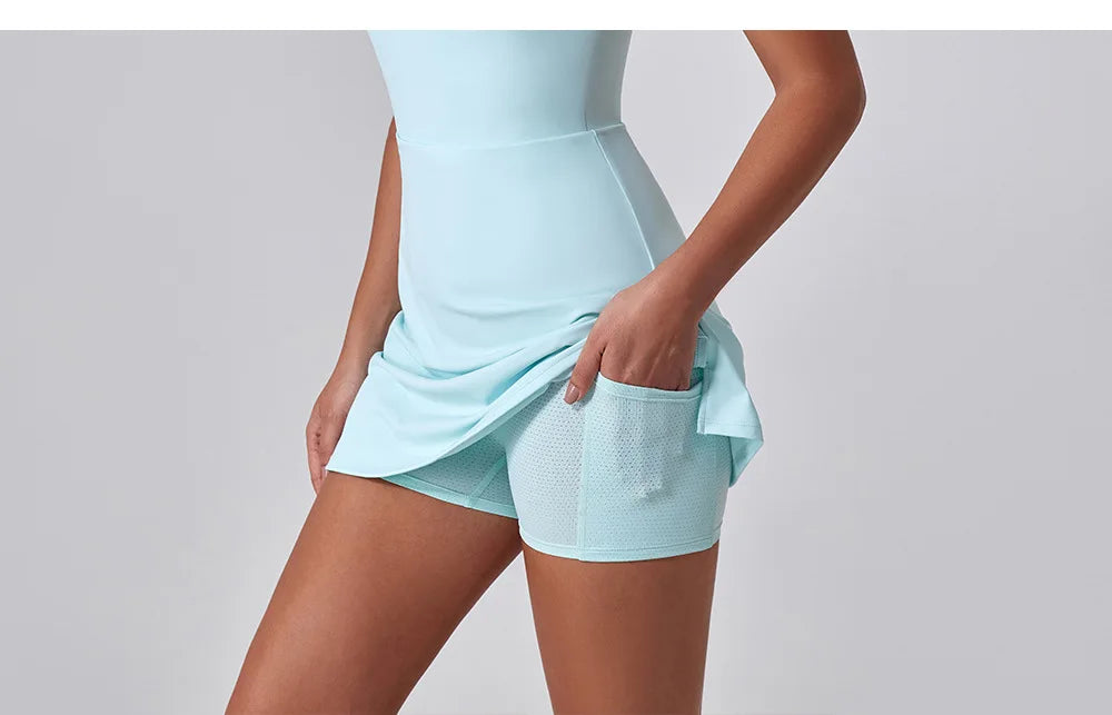 Front Zipper Tennis Dresses Women Summer Sleeveless Sports Athletic Dress Outdoor Cross Backless Pocket Short Workout Skirts