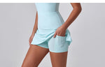 Front Zipper Tennis Dresses Women Summer Sleeveless Sports Athletic Dress Outdoor Cross Backless Pocket Short Workout Skirts