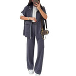 Women's Two Piece Outfit Casual Full Zip-up Short Sleeve Shirt And Wide Leg Pants Set Office Casual Lounge Tracksuit