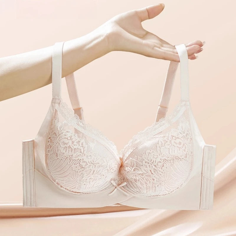 Women's Thin Push-Up Bra Seamless Back Minimizes Side Bulges Uplift Support Underwear Elegant Lace Top Up Bra Autumn New