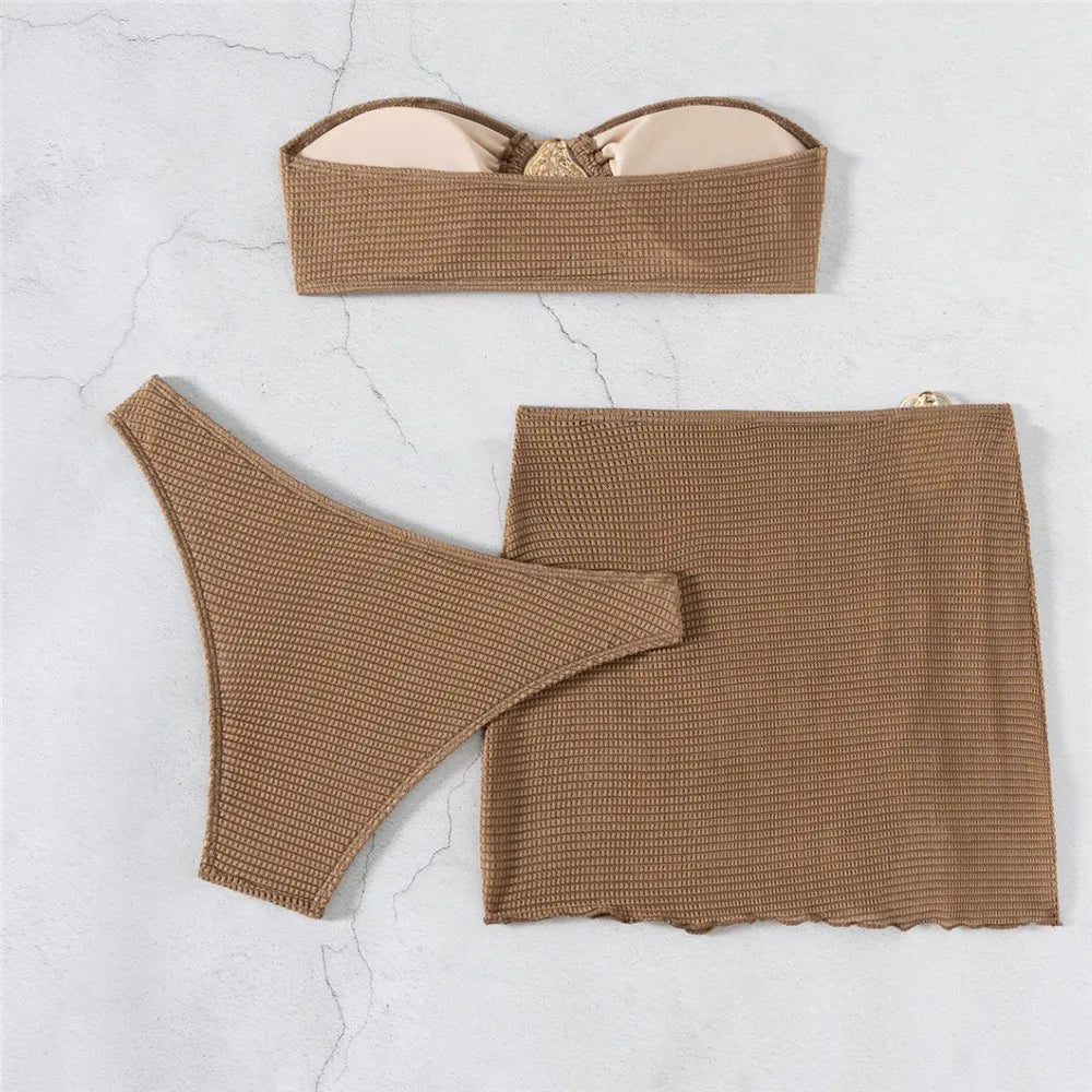 Brown Solid Swimwears Strapless Bandeau Bikinis Sets 3 Pieces Cover Up Sexy Swimsuit Woman 2026 Metal Buckled Bikini Beachwear