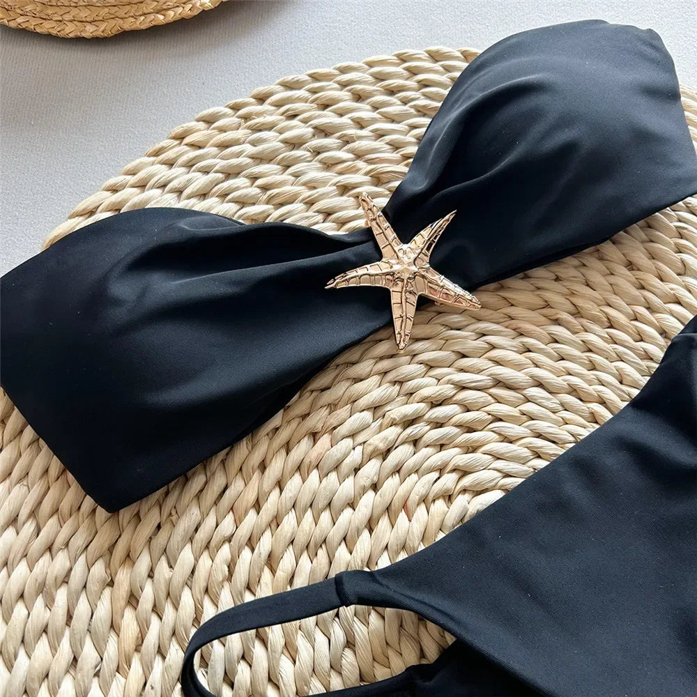 Holiday Black Swimwear Metal Starfish Bandeau Bikini Mini Micro Thong Sexy Swimsuit Women 2026 Bathing Suit Bikinis Sets Mujer
