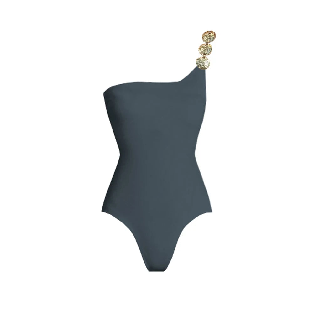 Deep V Neck Swimsuit With Cover Up Sexy Women Swimwear One Shoulder Bikini Female Belt Swimming Suit Shiny Bodysuit Beachwear