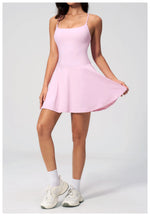 Women Tennis Dress with Shorts Pocket Square Neck Hollow Back Sleeveless One Piece Sports Outfit Fitness Pleate Mini Dresses