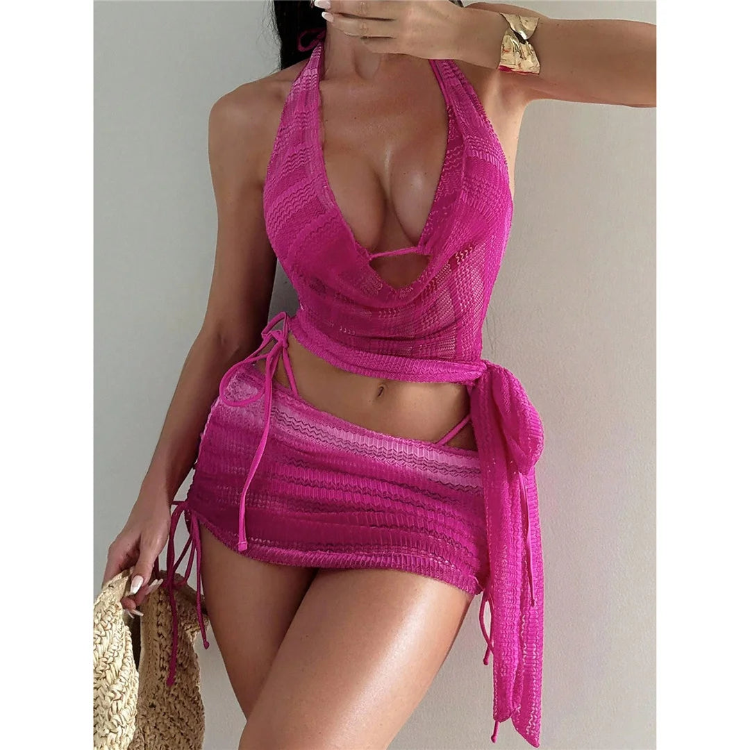 With Skirt Cover Up Halter Bikini Female Swimsuit Women Swimwear Strappy Bather Bathing Suit Swim Four-pieces Bikini set K8089
