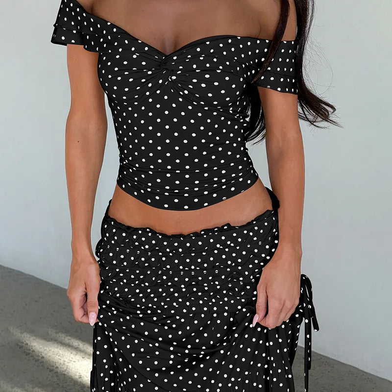 FDYOUI Woman Clothing Polka Dot Crop Tops and Lace-up Skirt Two Piece Sets Female Elegant Slash Neck Long Vacation Dresses Suit