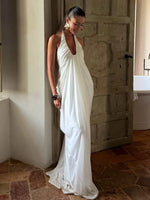 FDYOUI 2026 Summer Backless Ruched White Long Maxi Dress for Woman Elegant Sexy Halter Sleeveless Loose Evening Party Dresses