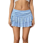2026 Summer Women Mini Skirt Lace Floral Tiered Ruffle Low Waist Side Drawstring Going Out Cake Skirts
