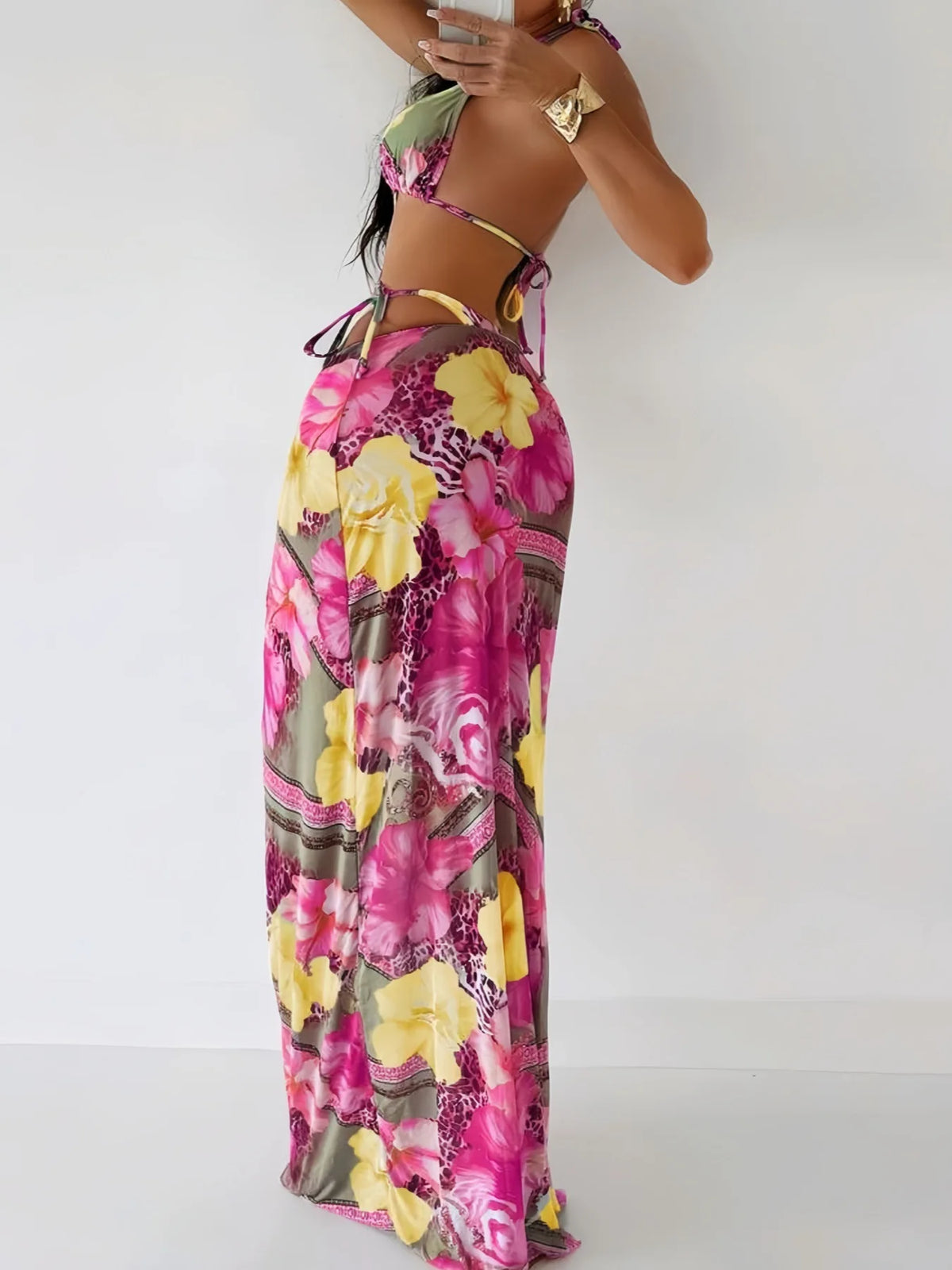 Vintage Pink Floral Print Bikini Women Sexy Metal Ornament Push Up Thong Swimsuit 2025 Beach Bathing Suit Skirt 3 Piece Swimwear